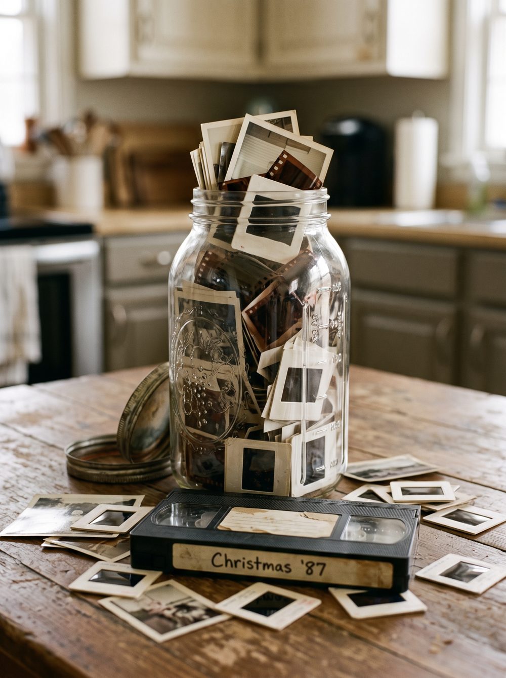 A glass preserve jar packed with old photos, slides and film negatives on a kitchen table, next to a VHS tape labelled Christmas '87.